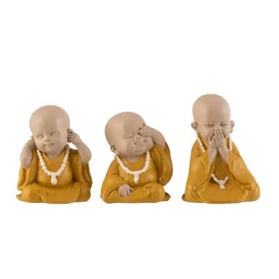Escultura monge cego/surdo/mudo mostarda 9x7x6cm