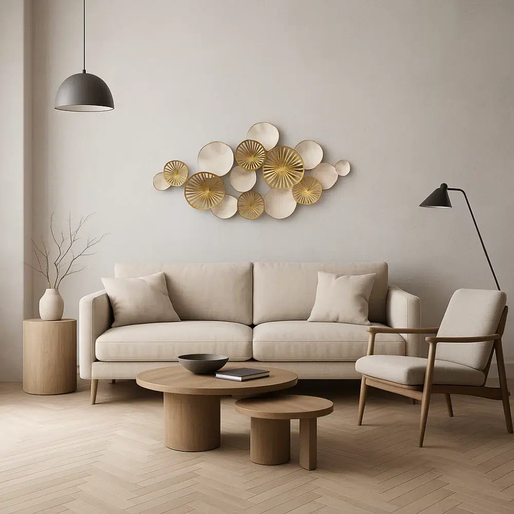 Escultura de Parede Circulos Branco e Dourado 67x135x10cm - Imagem 2