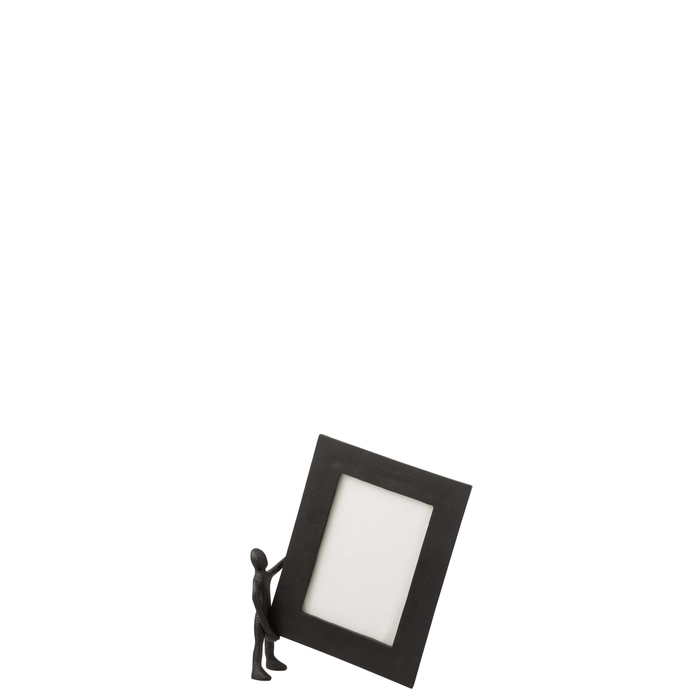 Porta retrato com figura segurando moldura em aluminio 7x18x28cm