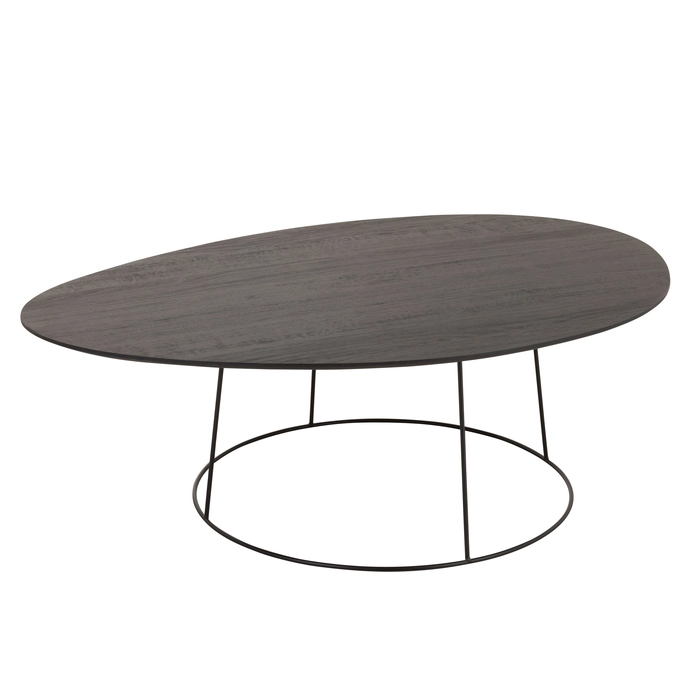 Mesa de centro oval em madeira com suporte em metal 40x121x80cm