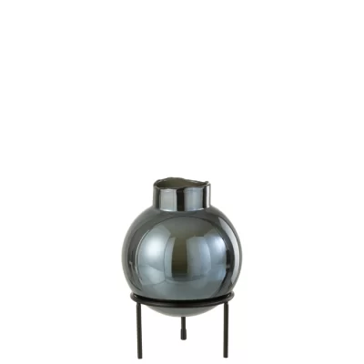 Vaso bola azul em vidro com suporte em metal 22x15x15cm