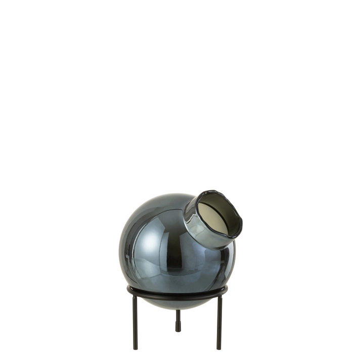 Alternative view of Vaso bola azul em vidro com suporte em metal 22x15x15cm
