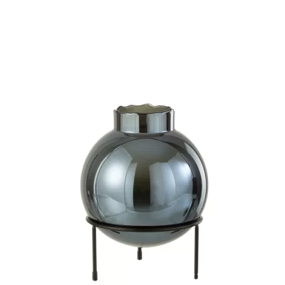 Vaso bola azul em vidro com suporte em metal 27x20x20cm
