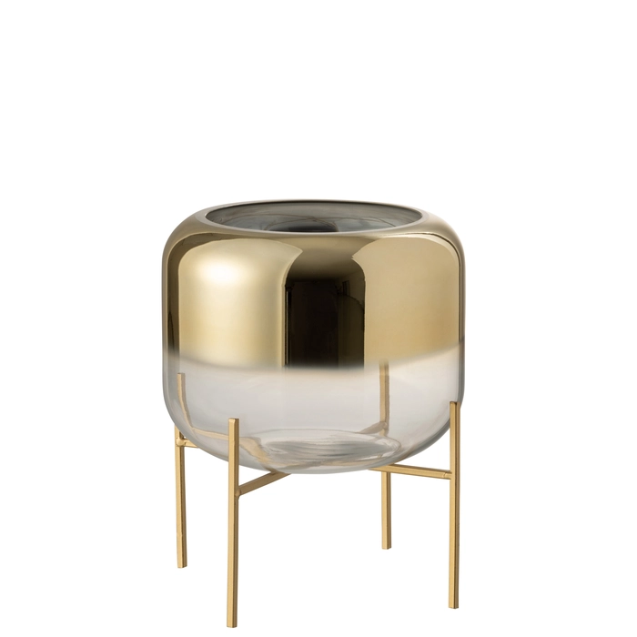 Vaso oceanne transp/dourado com suporte em metal 23x23x23cm