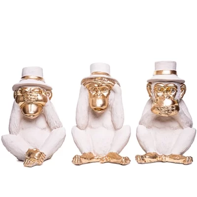 Escultura macaco com chapeu cego/surdo/mudo 23x14x14cm