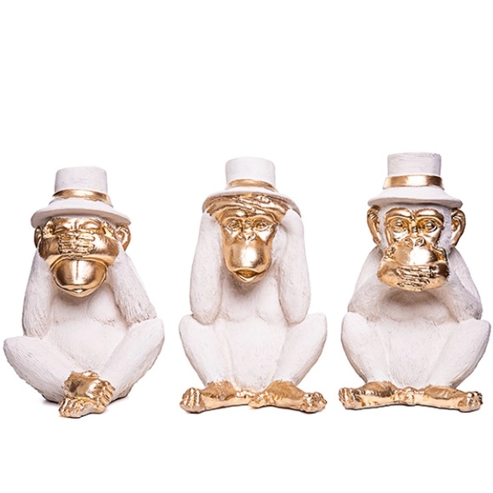 Escultura macaco com chapeu cego/surdo/mudo 23x14x14cm