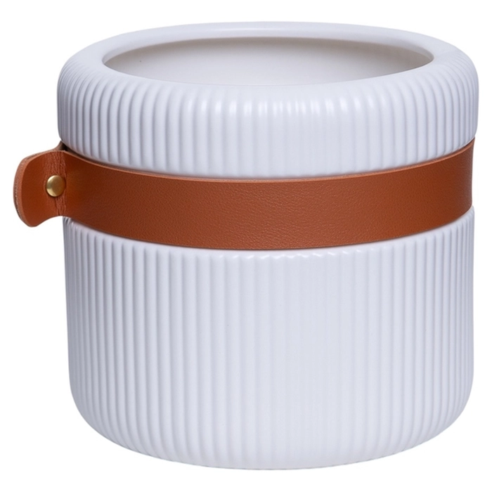Cachepot com detalhe em couro 14x16x16cm