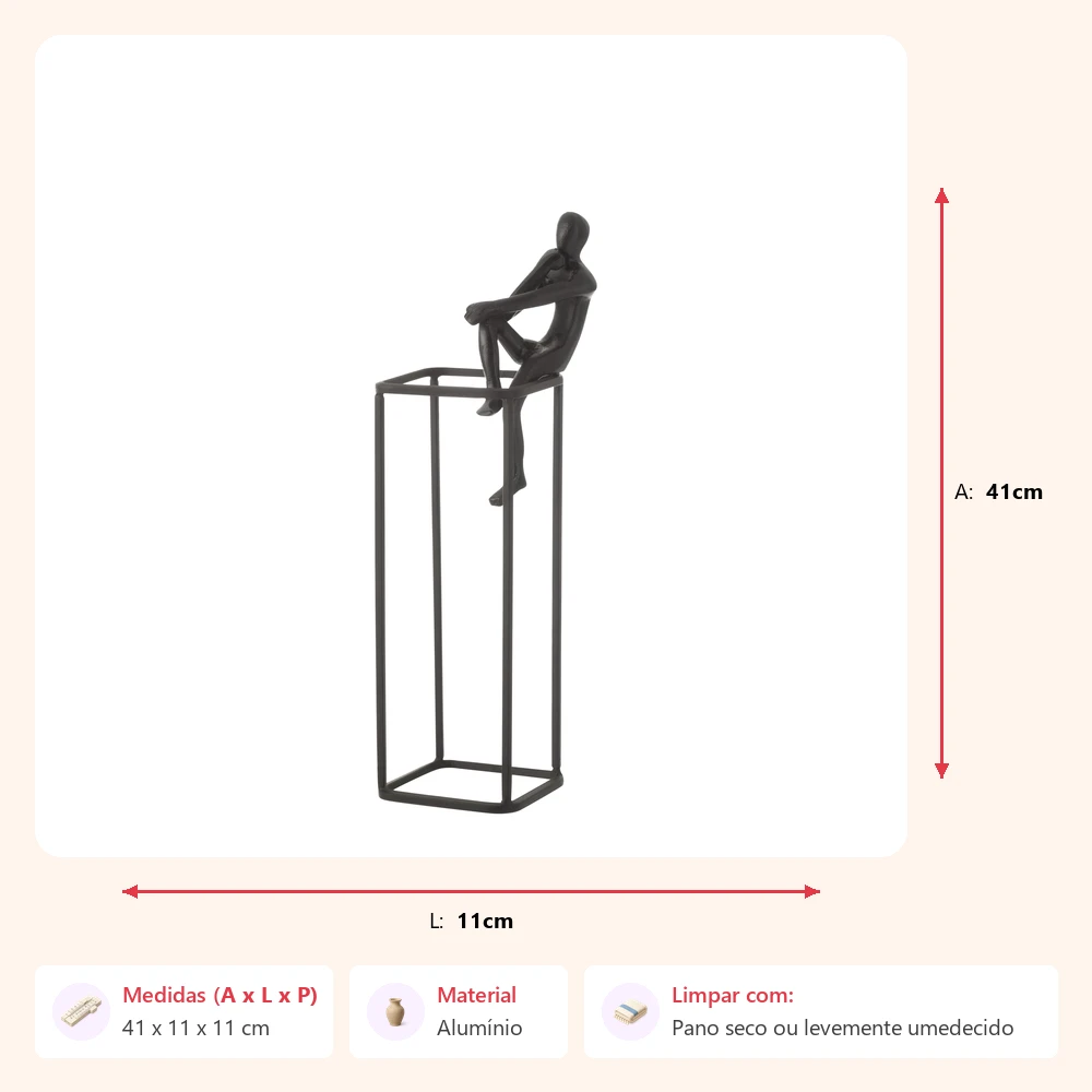 Escultura figura pensativa no cubo em aluminio 41x11x11cm - Imagem 2