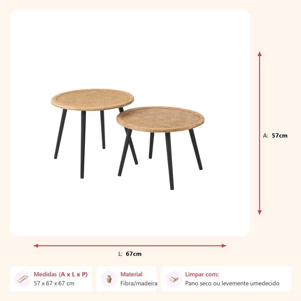 Jogo de 2 mesas laterais em bamboo natural 68x40 68x57cm - Imagem 2