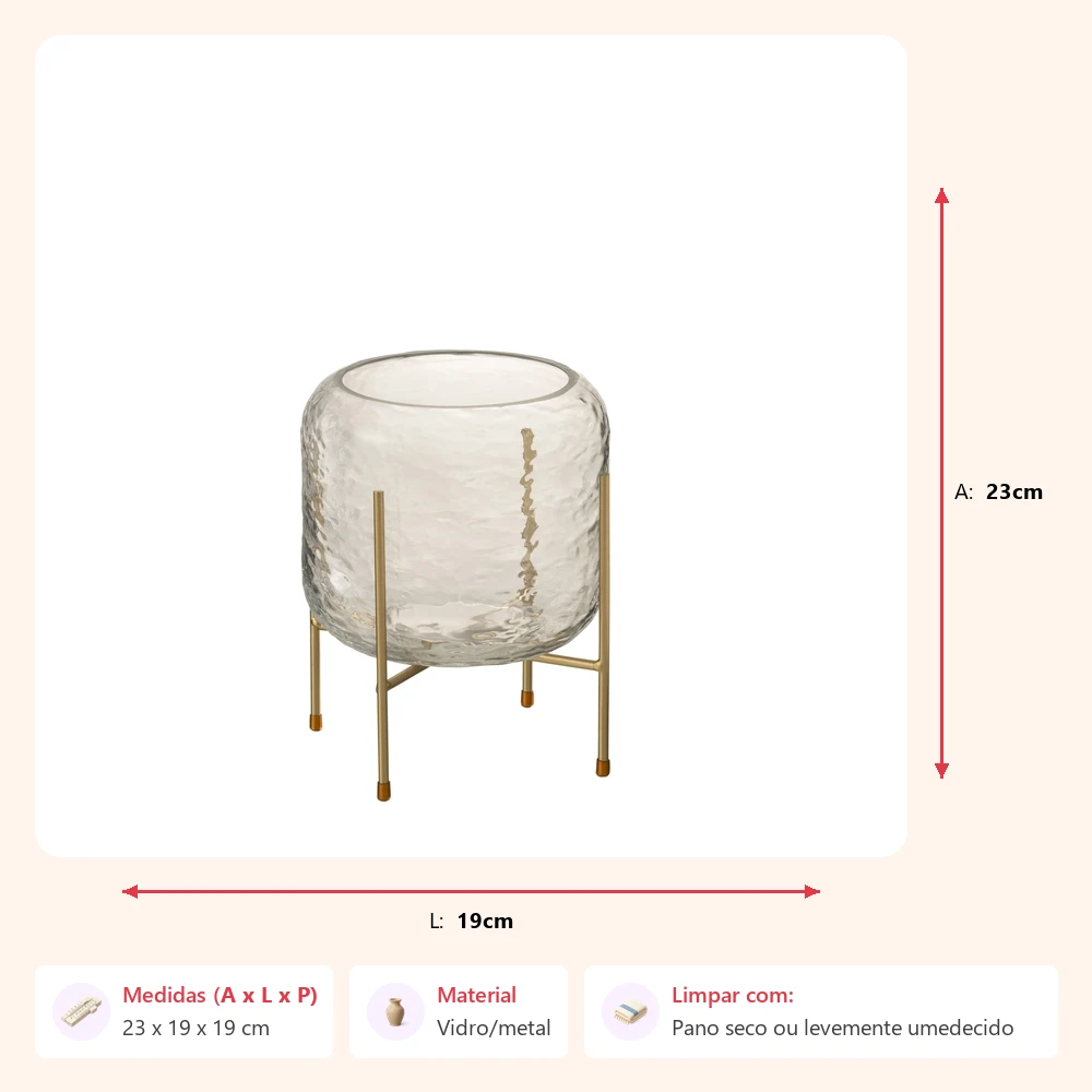 Vaso em vidro martelado com suporte 23x19x19cm - Imagem 2