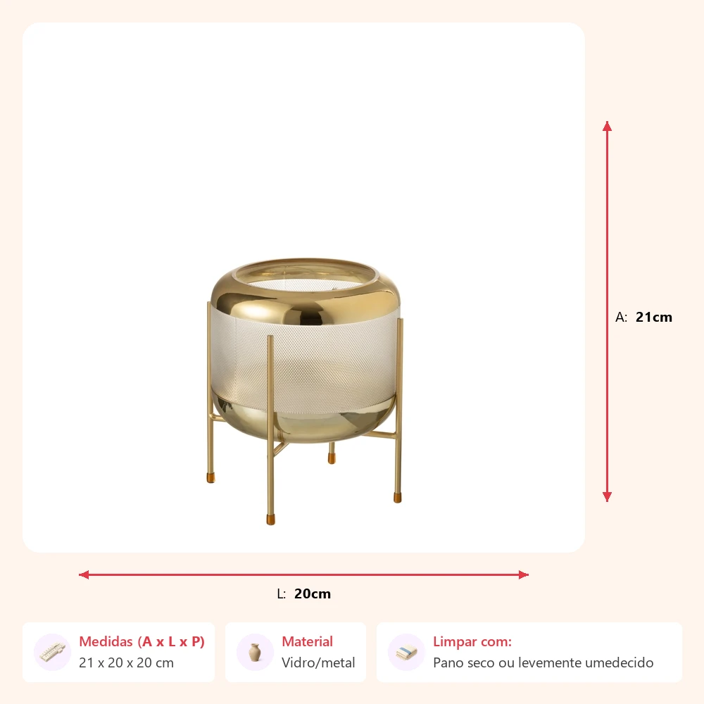 Vaso patt transp/dourado com suporte 21x20x20cm - Imagem 2