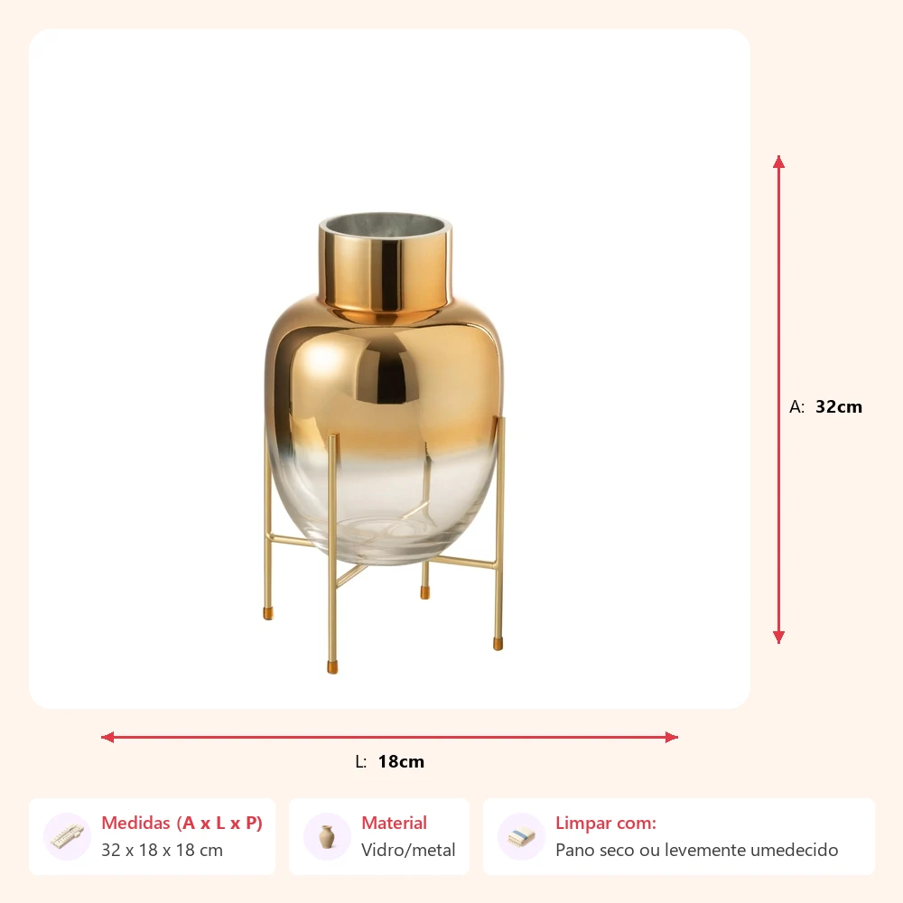 Vaso sol transp/dourado com suporte 32x18x18cm - Imagem 2