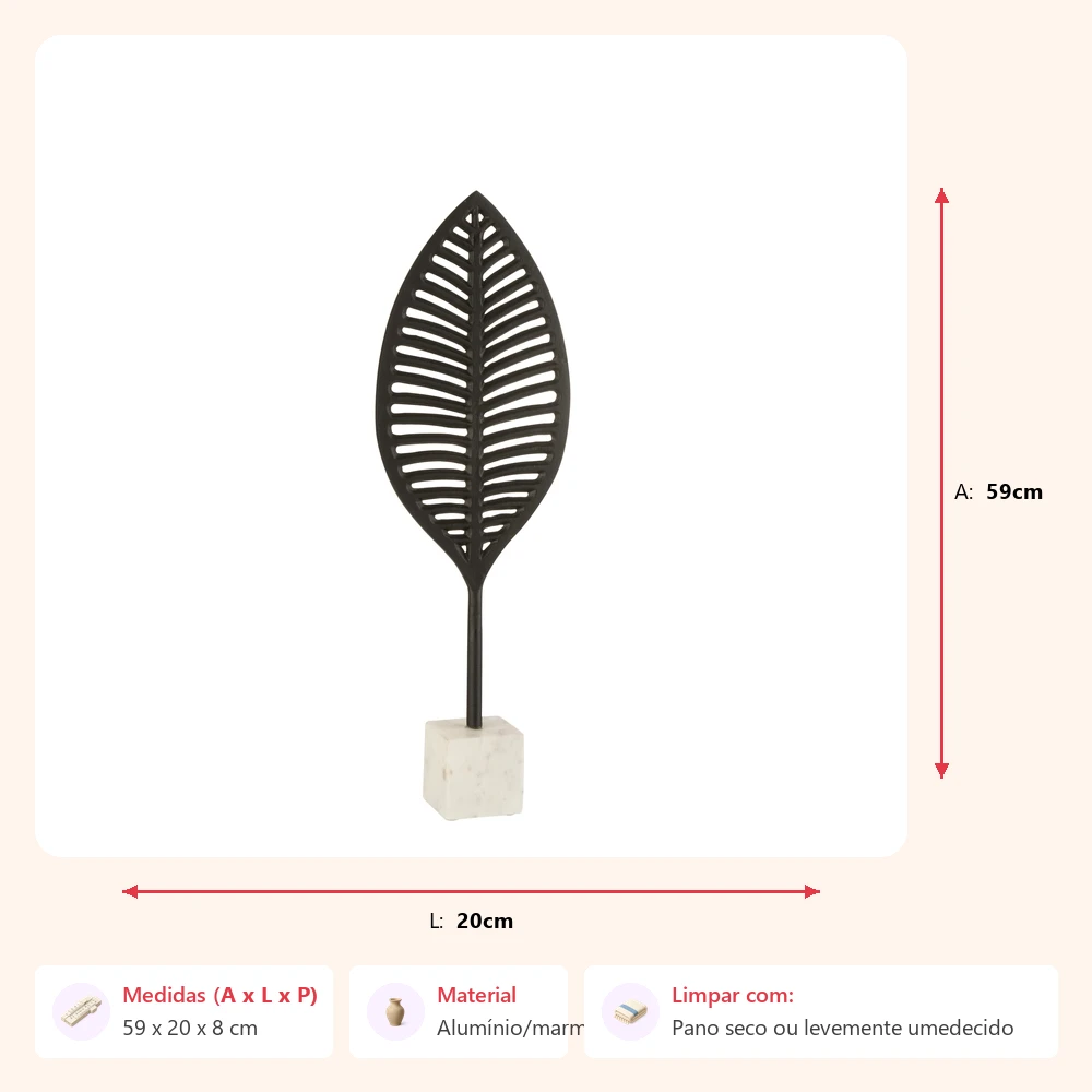 Escultura folha em metal com base marmorizada 59x20x8cm - Imagem 2