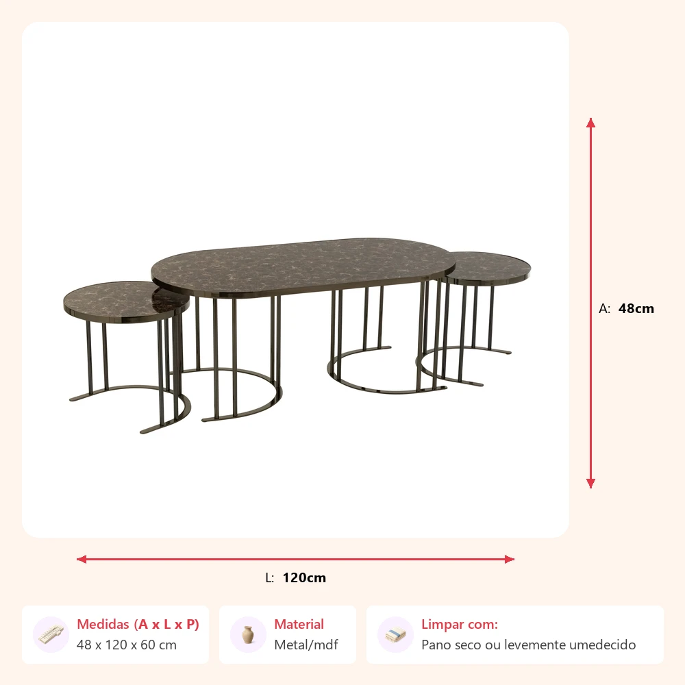 Jogo de 3 mesas em metal/mdf 45x43 120x60x48cm - Imagem 2