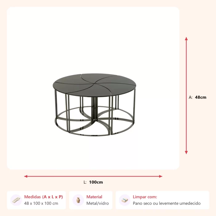 Jogo de 6 mesas tornado em metal/vidro 48x100x100cm - Imagem 2