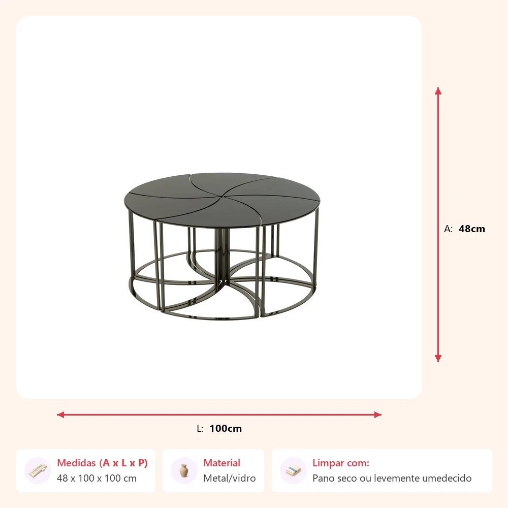 Jogo de 6 mesas tornado em metal/vidro 48x100x100cm - Imagem 2