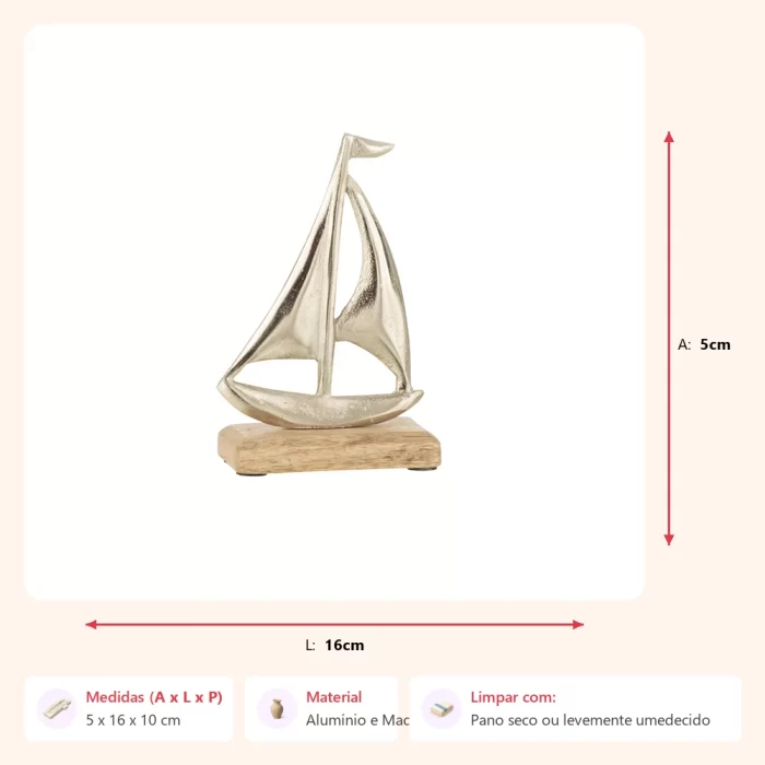 Escultura barco em alumínio com base em madeira 5x16x10cm - Imagem 2