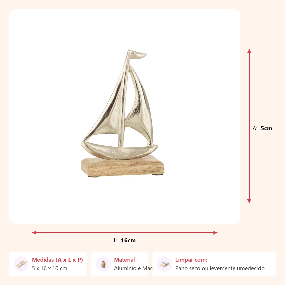 Escultura barco em alumínio com base em madeira 5x16x10cm - Imagem 2