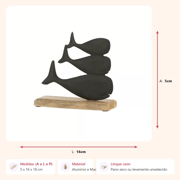 Escultura baleias em alumínio com base em madeira 5x16x18cm - Imagem 2