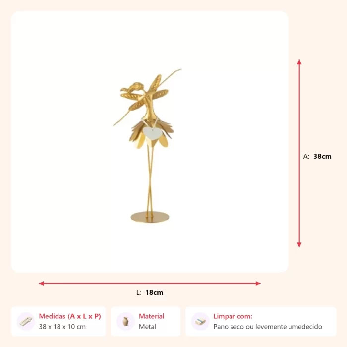 Escultura fada dourada em metal 38x18x10cm - Imagem 2
