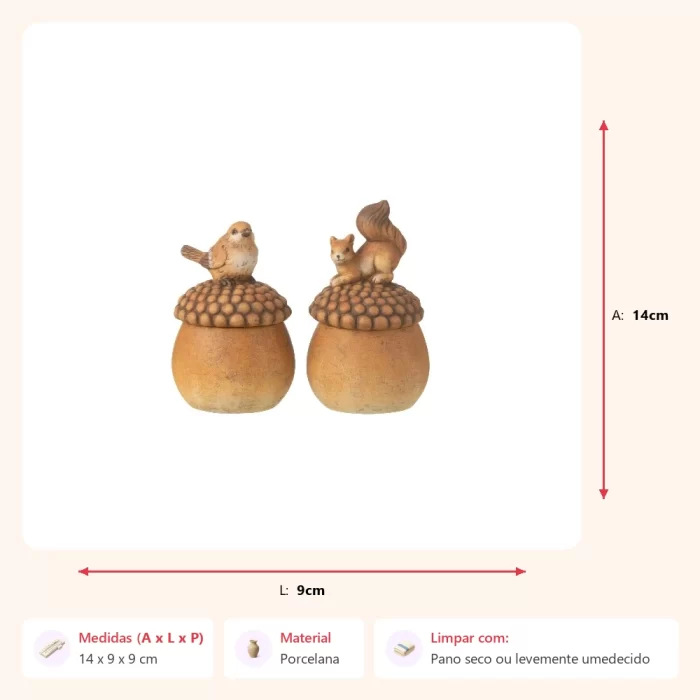 Jogo de 2 esculturas esquilo pote 15cm marrom 14x9x9cm - Imagem 2
