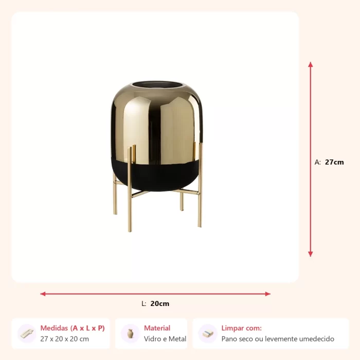 Vaso com base preto/dourado 27x20x20cm - Imagem 2