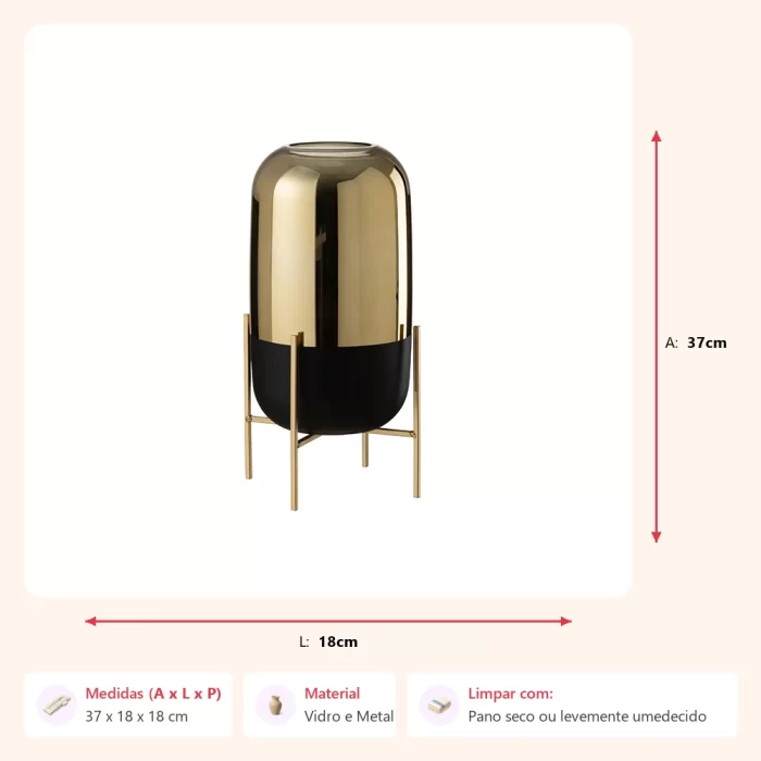 Vaso com base preto/dourado 37x18x18cm - Imagem 2