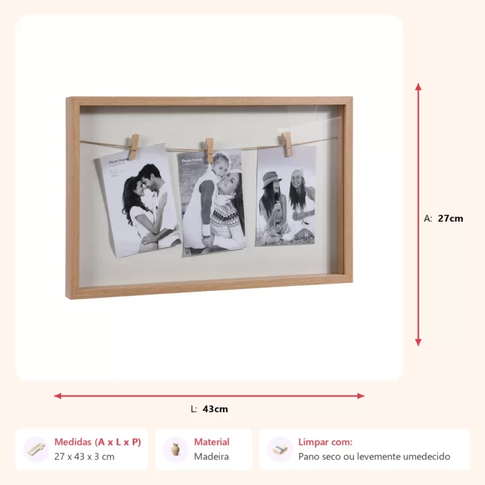 Quadro porta-foto 3 fotos 27x43x3cm - Imagem 2