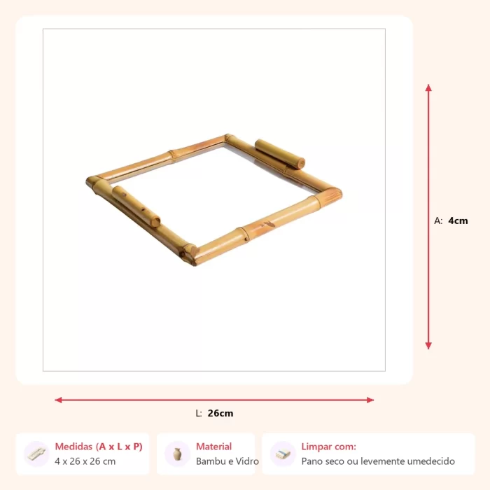 Bandeja de bambu quadrada com vidro liso 4x26x26cm - Imagem 2