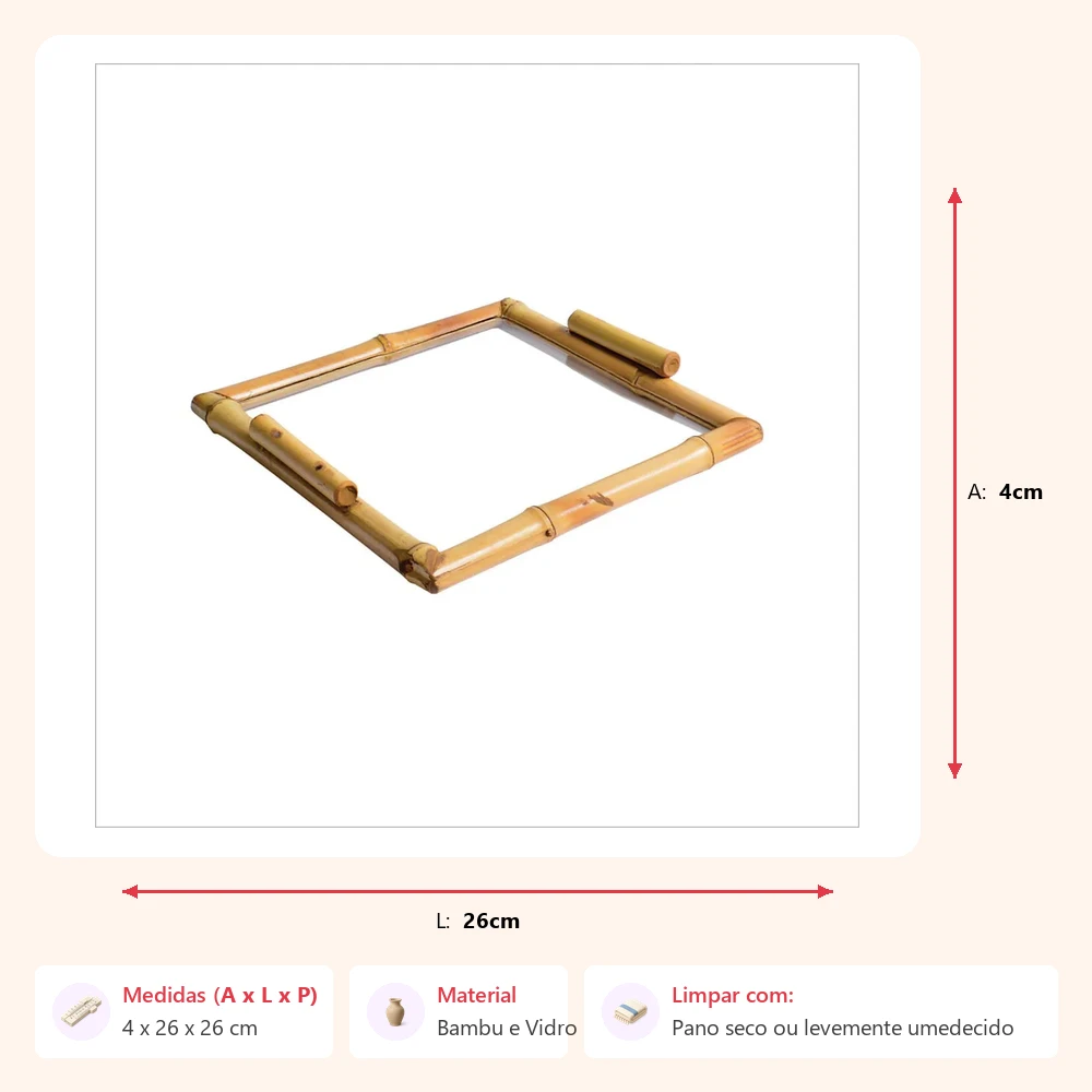 Bandeja de bambu quadrada com vidro liso 4x26x26cm - Imagem 2