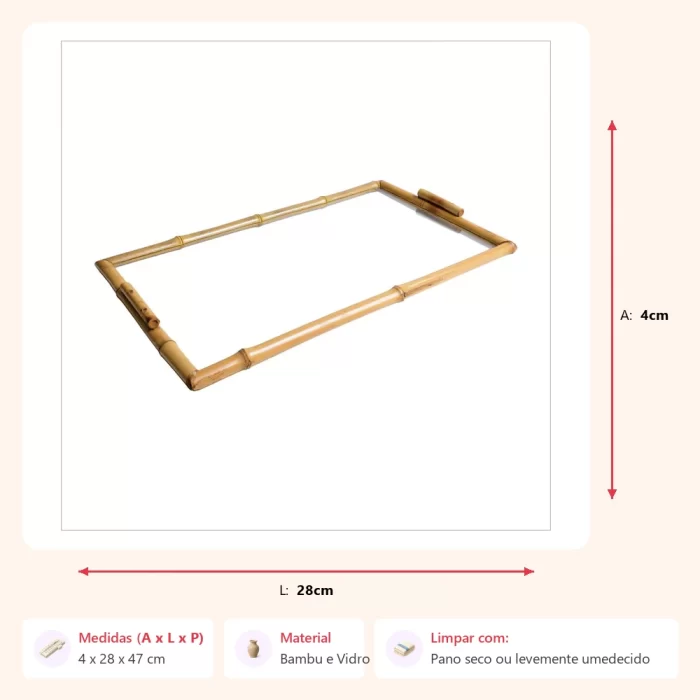 Bandeja de bambu retangular com vidro liso 4x28x47cm - Imagem 2