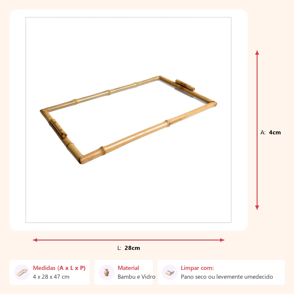 Bandeja de bambu retangular com vidro liso 4x28x47cm - Imagem 2