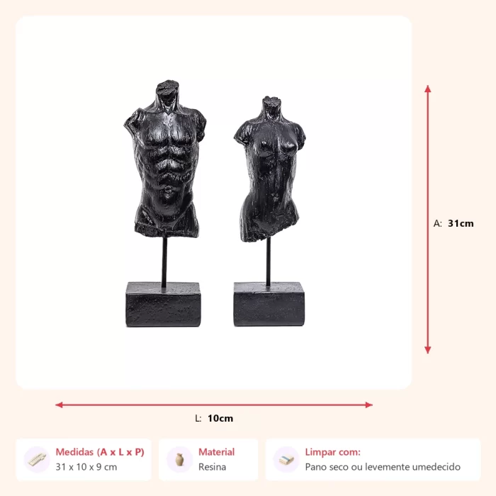 Escultura busto preto homem e mulher 31x10x9cm - Imagem 2