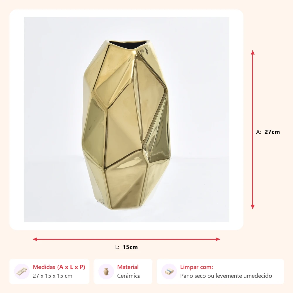 Vaso facet dourado 27x15x15cm - Imagem 2