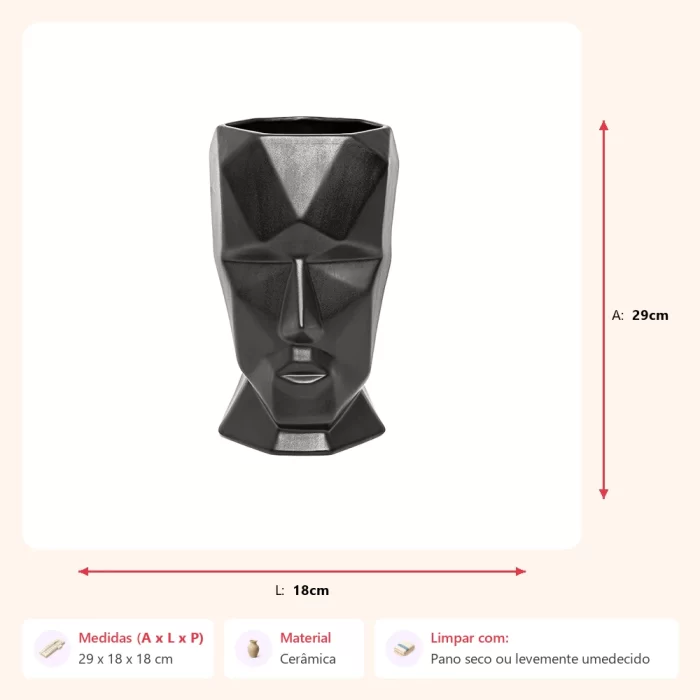Vaso face preto 29x18x18cm - Imagem 2