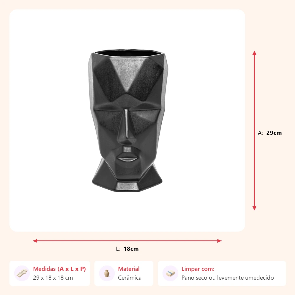 Vaso face preto 29x18x18cm - Imagem 2