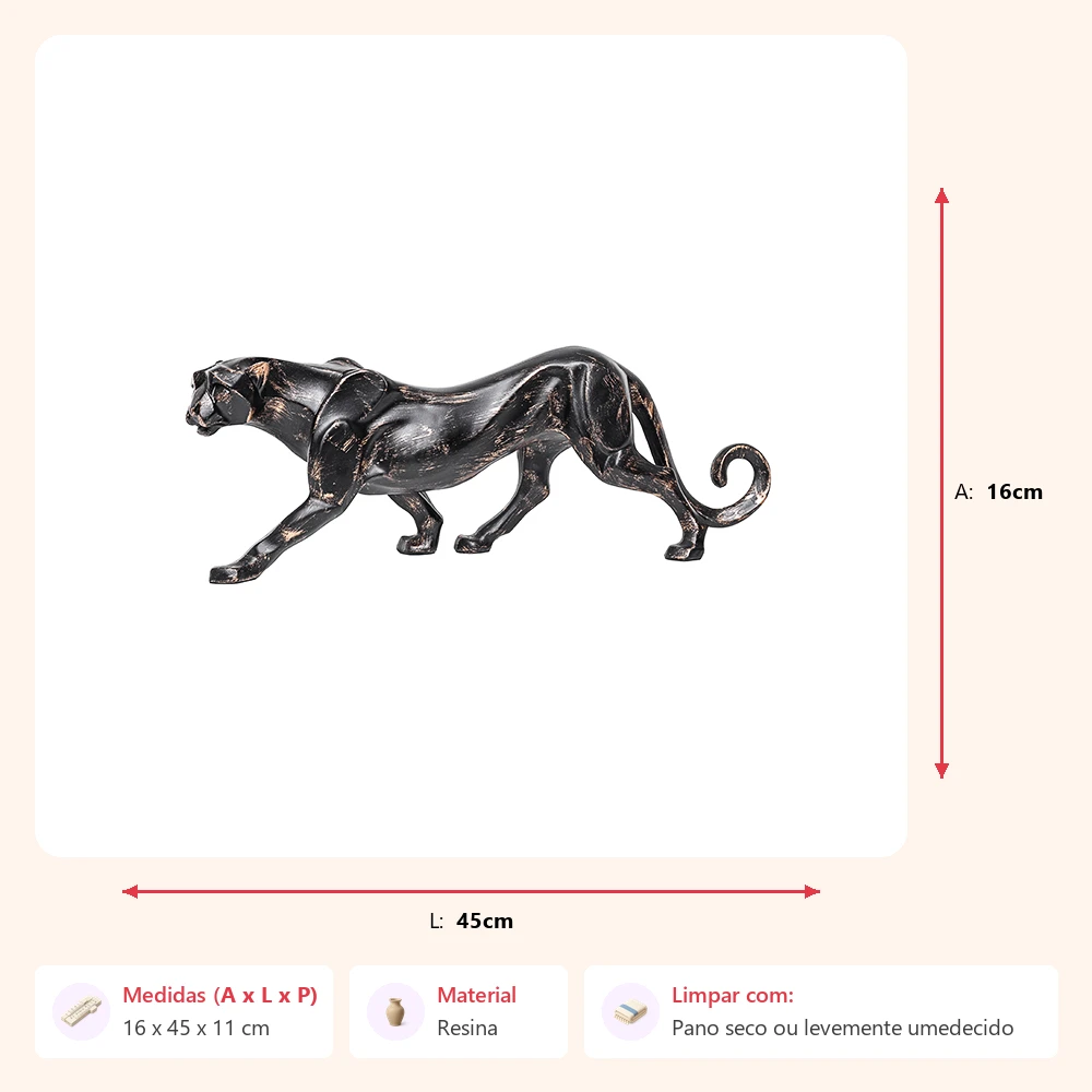 Escultura leopardo caminhando preto 16x45x11cm - Imagem 2
