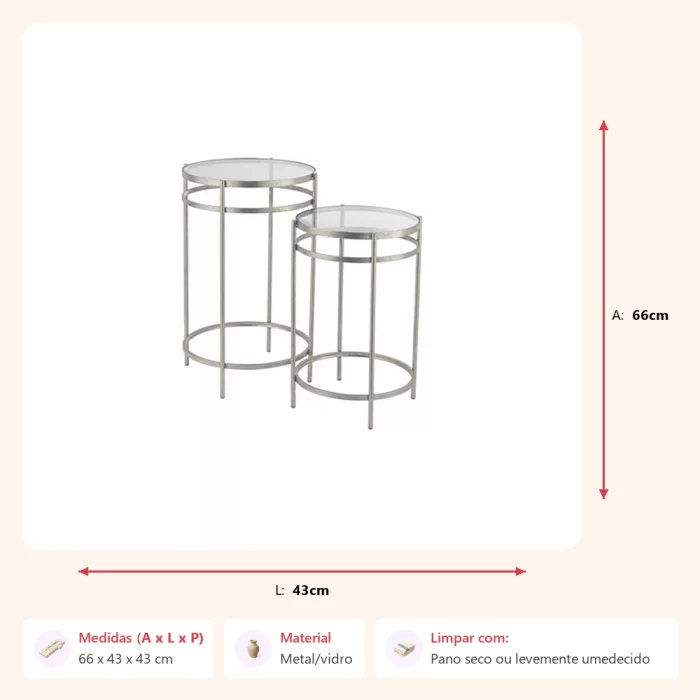 Jogo de 2 mesas laterais prata com tampo em vidro 38/43 x 61/66cm - Imagem 2