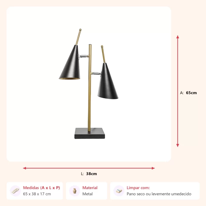 Luminária de mesa com 2 cúpulas cone 65x38x17cm - Imagem 2