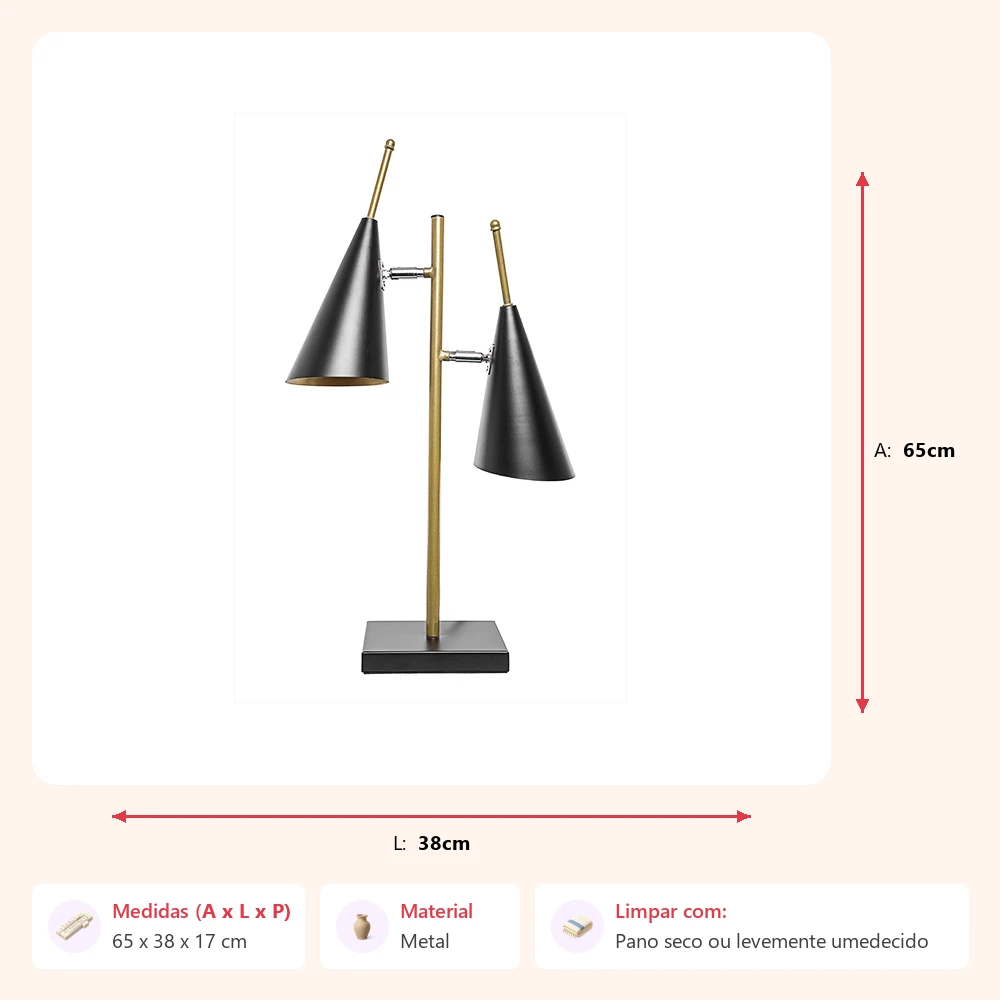 Luminária de mesa com 2 cúpulas cone 65x38x17cm - Imagem 2