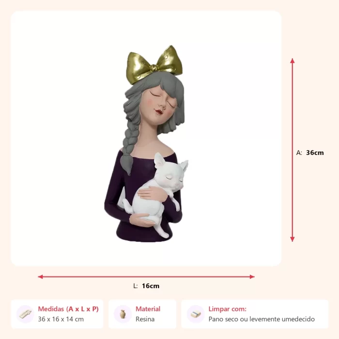 Escultura mulher com gato 36x16x14cm - Imagem 2