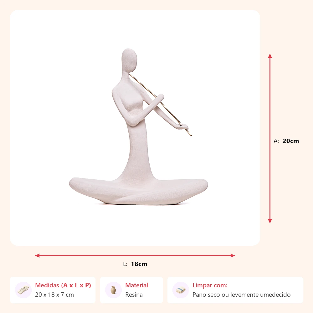 Escultura figura tocando flauta creme 20x18x7cm - Imagem 2