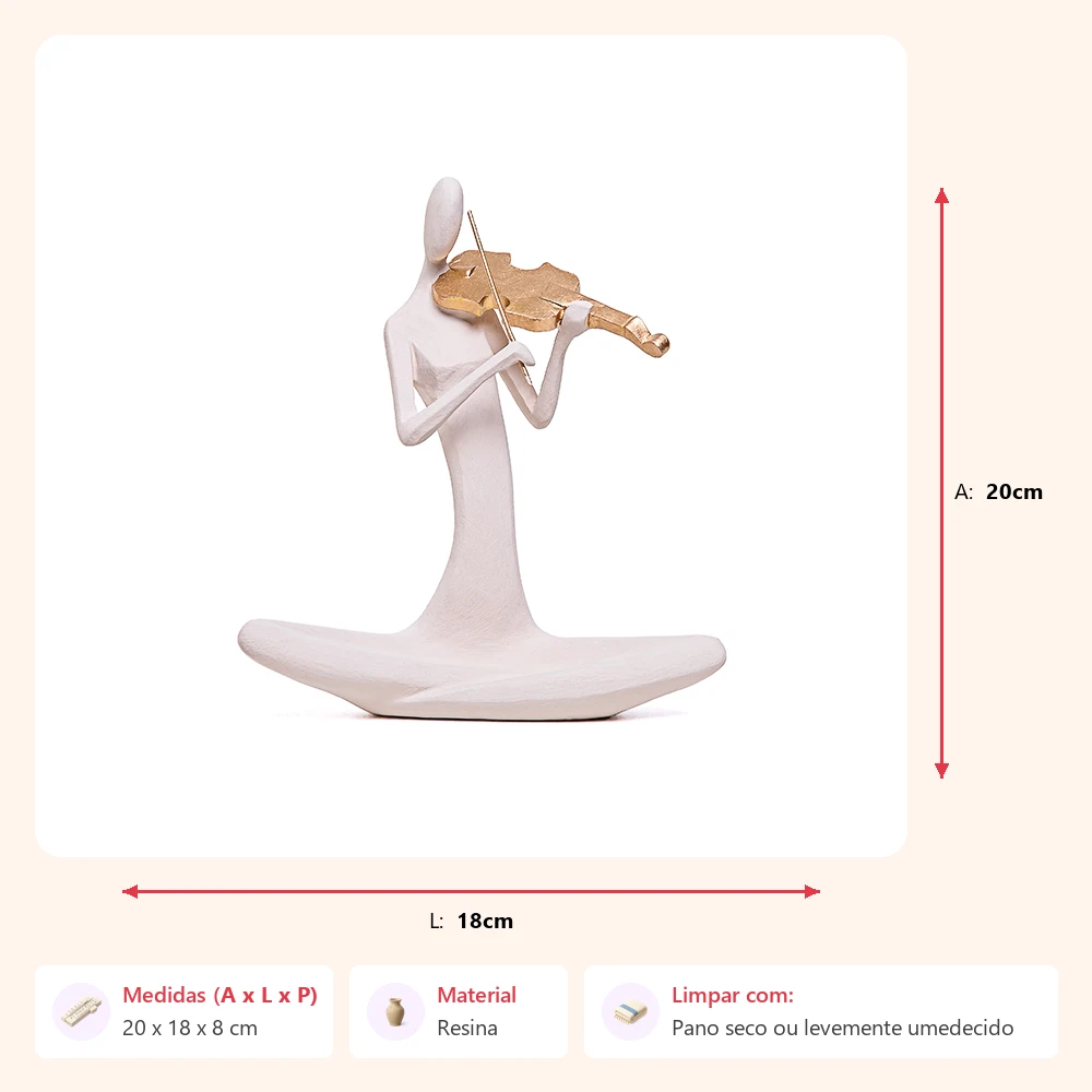 Escultura figura tocando violino creme 20x18x8cm - Imagem 2