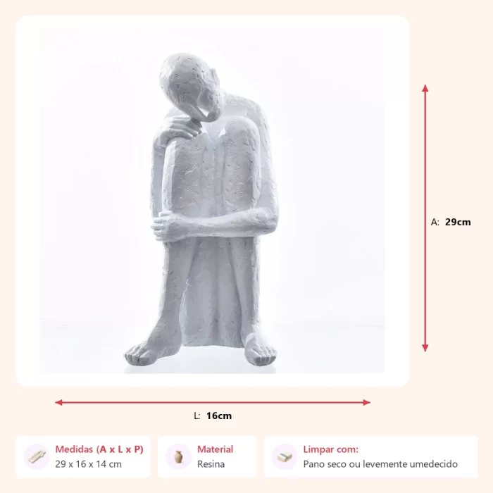 Escultura homem sentado pensativo branco 29x16x14cm - Imagem 2