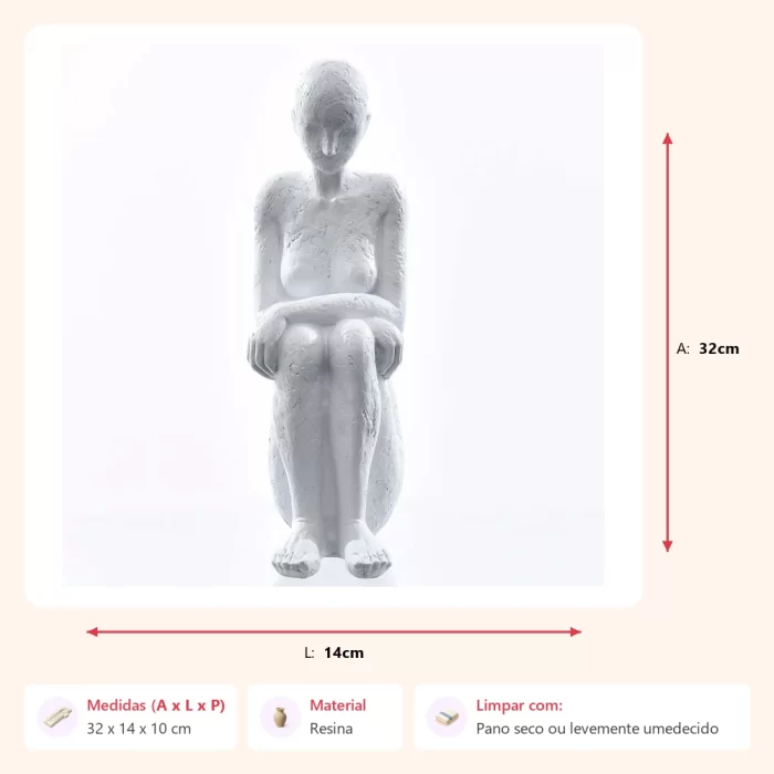 Escultura mulher sentada pensativa branca 32x14x10cm - Imagem 2