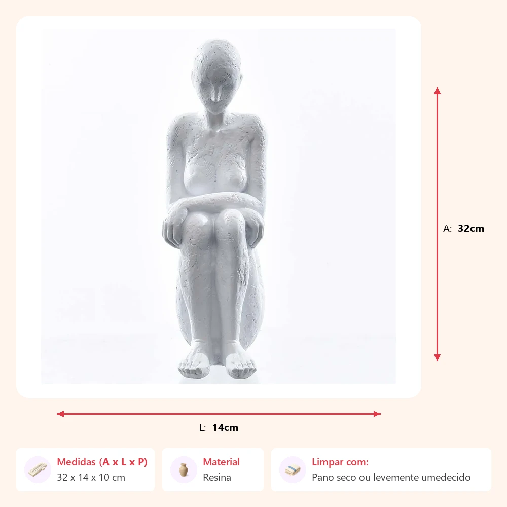 Escultura mulher sentada pensativa branca 32x14x10cm - Imagem 2