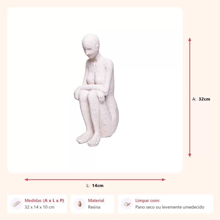 Alternative view of Escultura figura sentada pensativa creme m 32x14x10cm