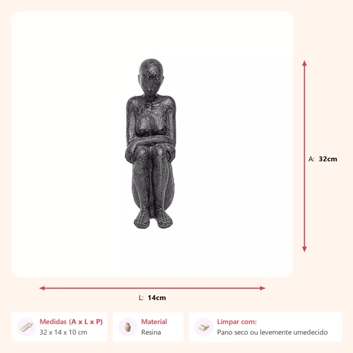 Alternative view of Escultura mulher sentada pensativa 32x14x10cm