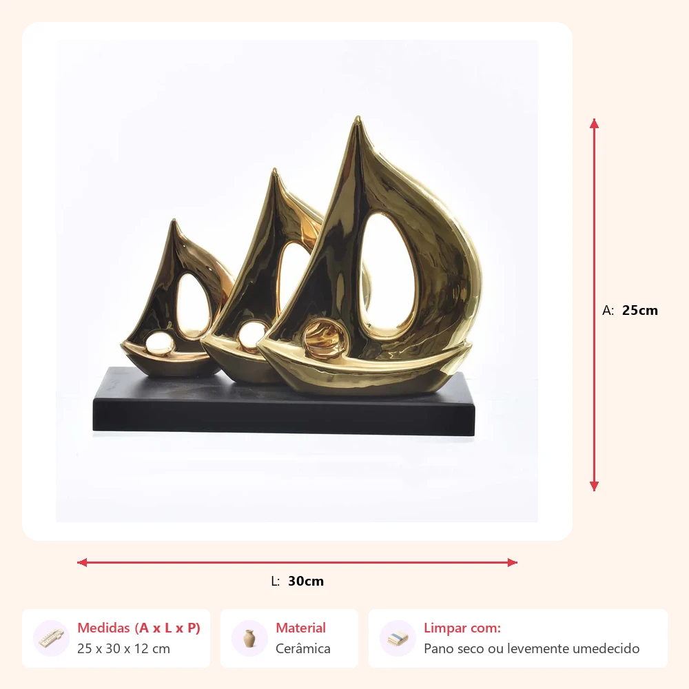 Escultura barcos dourados na base 25x30x12cm - Imagem 2