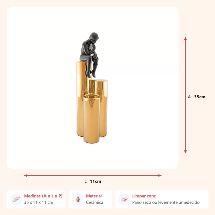 Alternative view of Escultura figura sentada na base dourada 35x11x11cm